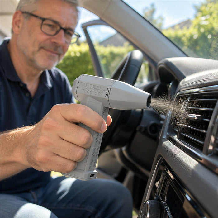 Kabelloses Akku-Luftgebläse mit bürstenlosem Motor für Elektronik und Autoinnenraum – bis 130.000 U/min, bis 52 m/s, regelbar, Schwarz oder Silber