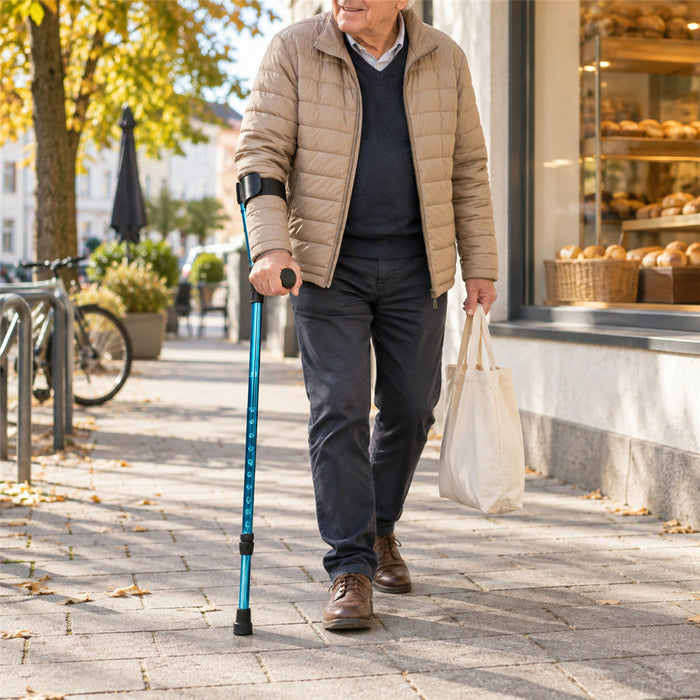 Faltbare Unterarmgehstütze mit Armmanschette, ergonomischem Griff und rutschfester Spitze – höhenverstellbar, leicht, platzsparend zu verstauen, Blau