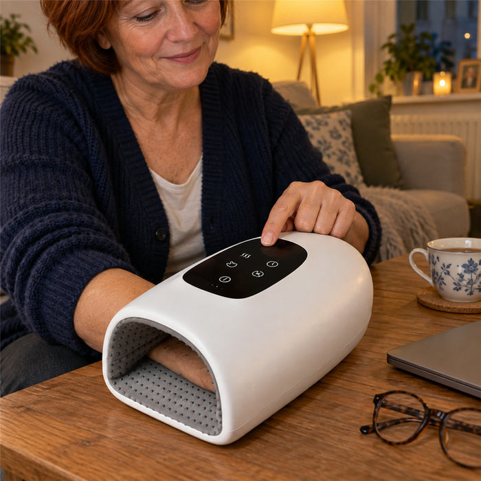 Elektrisches Handmassagegerät mit Luftpolstern und Wärme für zu Hause – 3 Modi, 5 Stufen, Timer, Akku mit USB-C, 25 × 15 × 10,8 cm, Weiß