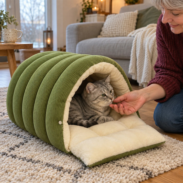 Waschbare Katzenhöhle für den Winter als Rückzugsort – M 45 × 30 × 19 cm oder L 57 × 37 × 28 cm, in Grün, Beige und Lila
