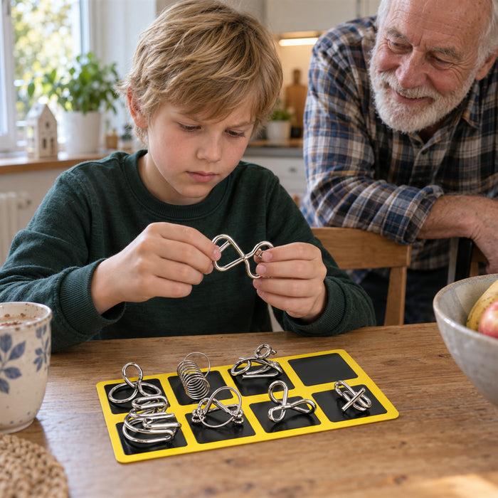 Metallpuzzle-Set mit Knobelspielen für Kinder und Erwachsene ohne Bildschirm – mehrere silberne Drahträtsel, Ausführung Gelb, Rosa oder Blau