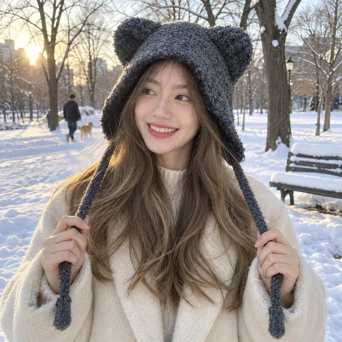 Wintermütze mit Bärenohren für Damen und Jugendliche im Winter – verspielte Form, warm, mit Bindebändern, in Khaki, Schwarz, Weiß und Dunkelgrau