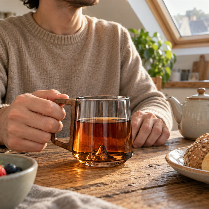 Glastasse mit Holzgriff für Tee und Kaffee in Küche und Café – rauchgrau getöntes Glas, Bergrelief im Boden, schlichte Form