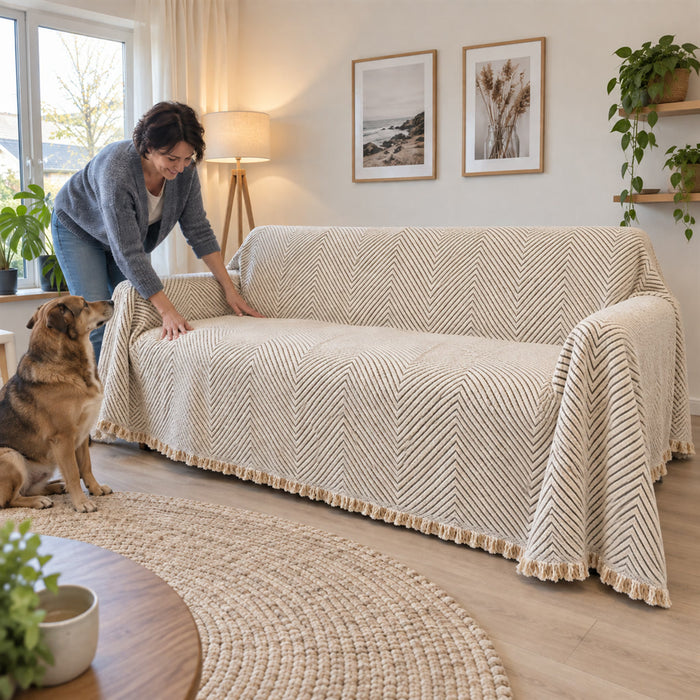 Sofaüberwurf mit Fischgrätmuster und Fransen für Wohnzimmer und Couch – Schutz und neue Optik, in Mitternachtsschwarz, Elfenbein-Sand und Anthrazit