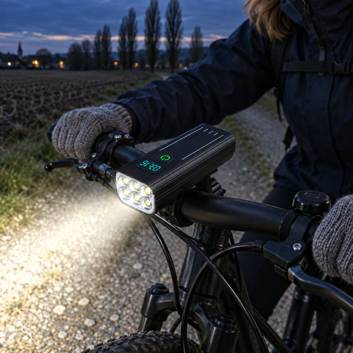 Fahrradlicht mit 6 LEDs und Akku-Anzeige für Lenker und Helm – USB-C-Ladung, Aluminiumgehäuse, 360° drehbare Halterung