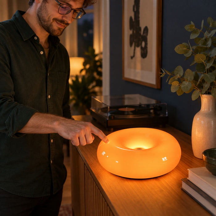 Donut LED-Lampe mit Touch-Bedienung als Tischleuchte für Schlafzimmer, Wohnzimmer und Schreibtisch – runde Form, Orange oder Weiß