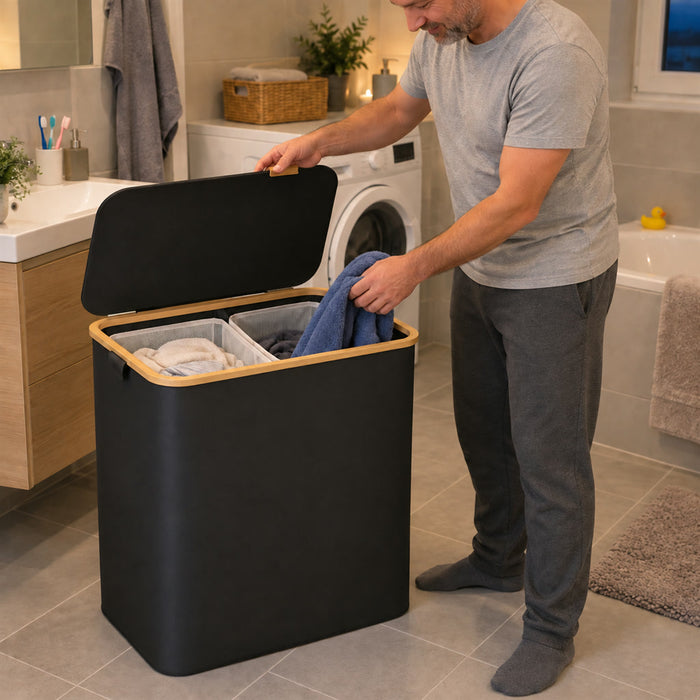 Wäschekorb mit Deckel und 3 herausnehmbaren Wäschesäcken für Bad, Schlafzimmer und Waschküche – 150 Liter, 3 Fächer, faltbar, in 3 Farben
