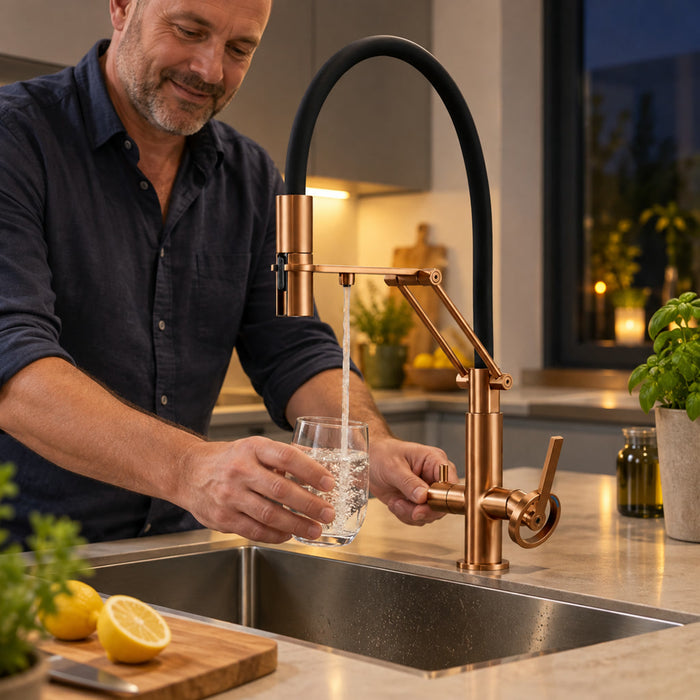Ausziehbare Küchenarmatur mit separatem Filterwasserhahn für die Küchenspüle – Einlochmontage, Warm- und Kaltwasser, drehbar, 6 Farben, 3 Anschlüsse