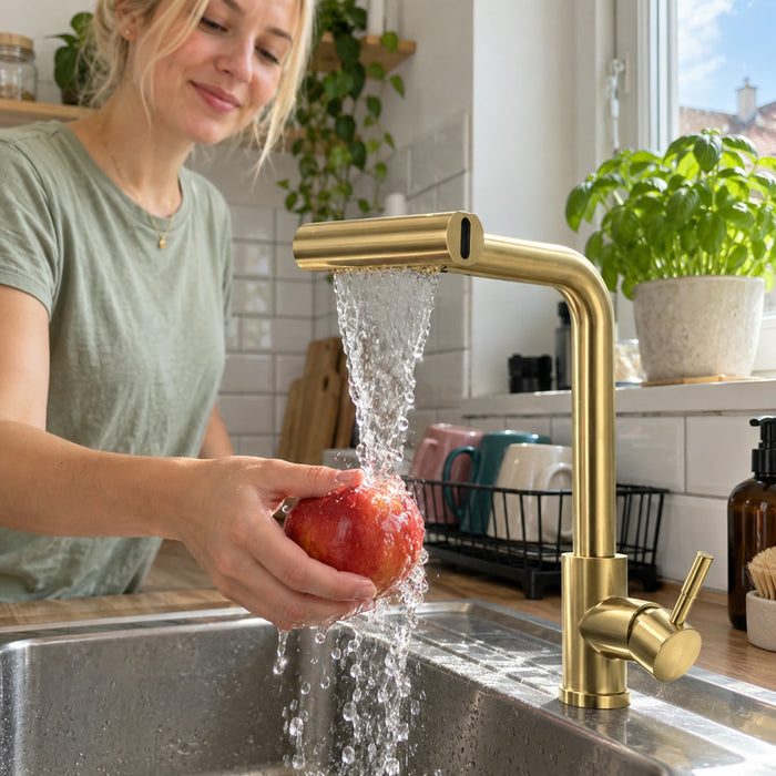 Ausziehbare Küchenarmatur aus Edelstahl 304 mit Schwenk-Sprühkopf für die Spüle – 360° drehbar, Wasserfall- und Brausestrahl, Einhebelmischer, Gold