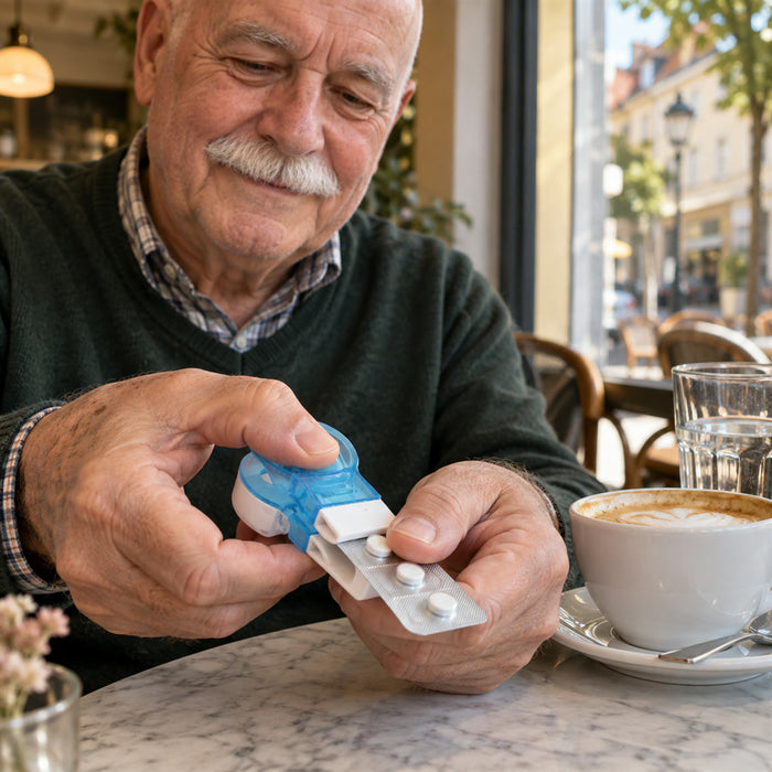 Tablettenausdrücker mit Auffangschale für Blisterpackungen zu Hause und unterwegs – Taschenformat, transparente Schale, Blau und Weiß