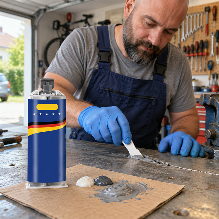 Zweikomponenten-Metallkleber für Reparaturen an Stahl, Aluminium und Guss in Werkstatt und Haus – 1:1-Mischung, -40 bis 200 °C, schleifbar