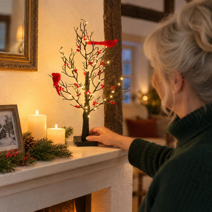Leuchtender Deko-Baum mit Kupferdraht-Lichtern, Kardinalvögeln und Beeren für Kaminsims und Fensterbank – batteriebetrieben, warmweiß