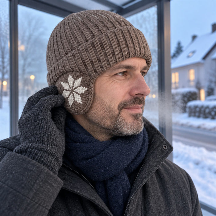 Unisex-Strickmütze aus Polyester mit Ohrenschutz und Samtfutter für Winter und Outdoor – Rippstrick, dehnbar, 5 Farben