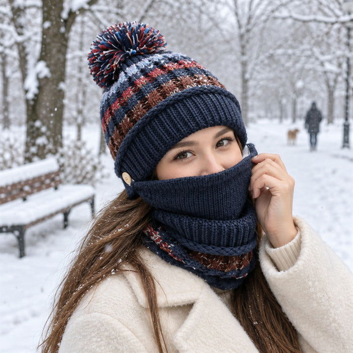 Strickmützen-Schal-Set aus Acryl mit Samtfutter und abnehmbarem Gesichtsschutz für den Winter – Bommel, 5 Farben