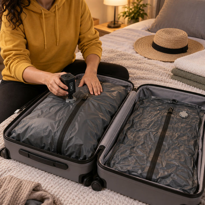 Reise-Vakuumpumpe mit USB-C-Akku und zwei Vakuumbeuteln für Koffer und Rucksack – mit Taschenlampe, IP67, reißfest, ca. 44 × 28 × 14 cm