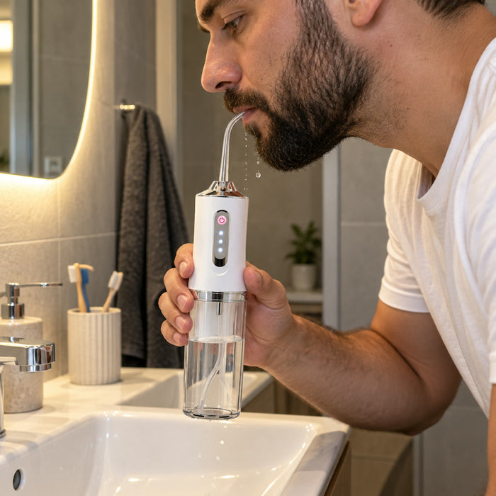Kabellose Munddusche mit Akku für die Zahnpflege zu Hause und auf Reisen – ca. 300 ml Tank, 30 bis 110 PSI, USB-C, kompakt, Weiß oder Grün