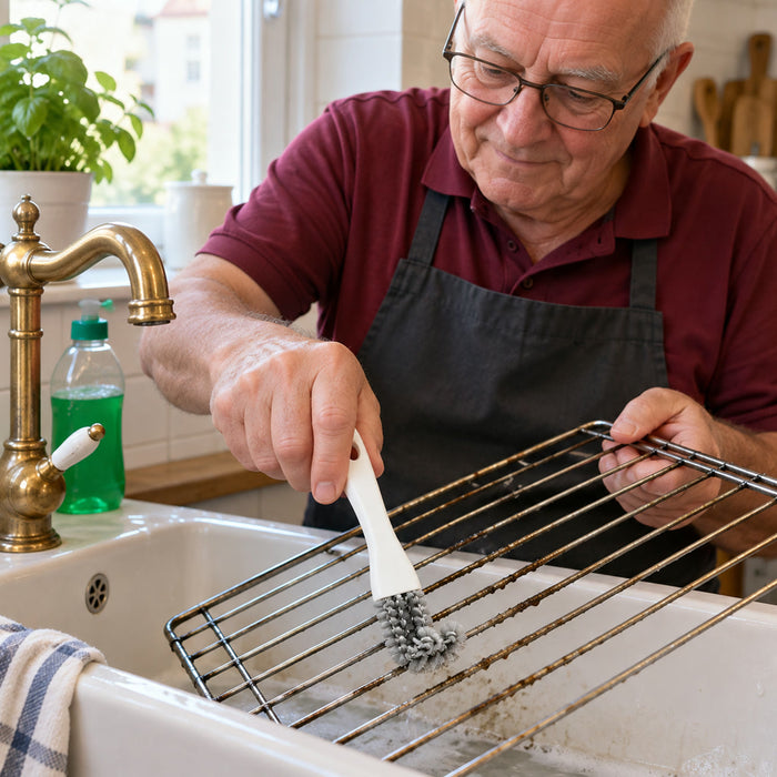 V-förmige Grillbürste mit Hakenschaber für Grillrost, Backofen und Backbleche – ca. 17 cm, 2-in-1, 360-Grad-Bürste, abgerundete Borsten, PP und Eisen