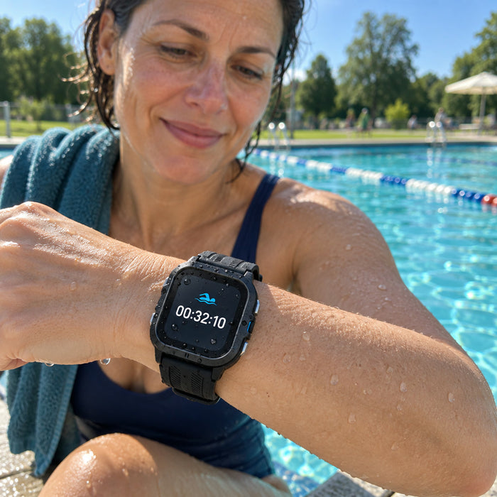 Wasserdichte Sport-Smartwatch zum Schwimmen mit Fitness-Tracker für Training und Alltag – 1,96-Zoll-AMOLED, 5 ATM, Anruffunktion, über 100 Sportmodi