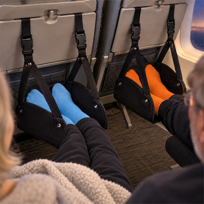 Fußhängematte im 2er-Set für Flugzeug, Zug und Schreibtisch – 3 Höhen, Schaumpolster, Canvas mit Oxford-Rückseite, Doppelschnalle, aufrollbar
