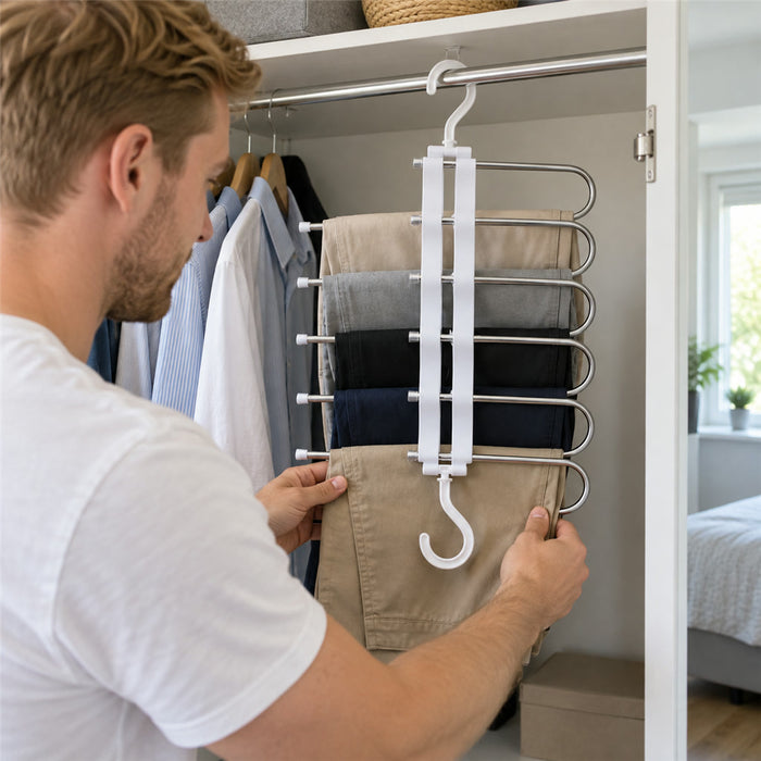 Platzsparender Mehrfach-Kleiderbügel aus Metall für Hosen, Schals und Krawatten – für bis zu 5 Hosen, rutschfeste Stangen, 360° drehbarer Haken