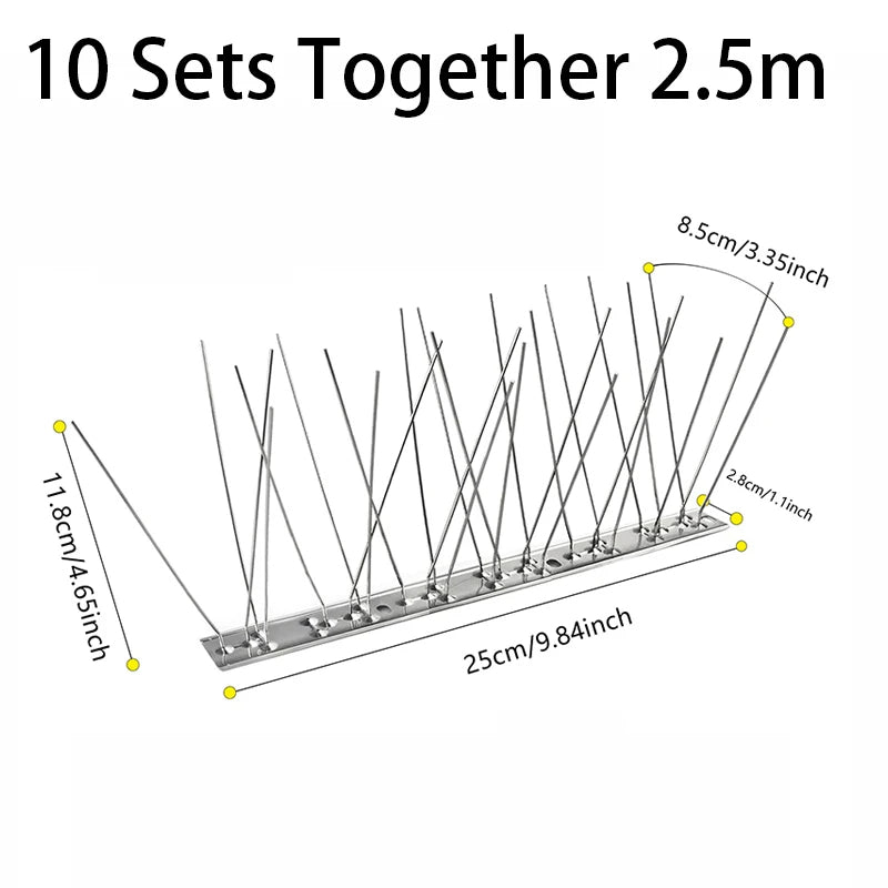 Taubenabwehr-Spikes aus 304-Edelstahl für Zaun, Dach, Sims und Fensterbank – 25 cm, biegbar, kürzbar, mit Montagelöchern, 5er- oder 10er-Set