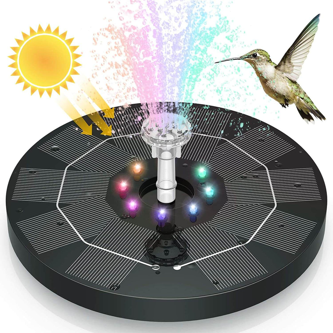 Solar-Springbrunnenpumpe für Vogeltränke, Teich und Zierbecken im Garten – 13,5 × 3,8 cm, 4 Düsen, Fontäne bis ca. 50 cm, ohne Strom und Kabel