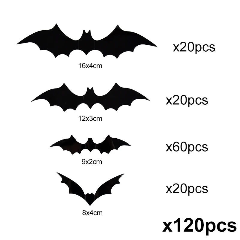 3D-Fledermäuse aus PVC als Halloween-Wandsticker für Wand, Fenster und Tür – 24, 60 oder 120 Stück, verschiedene Größen, Schwarz