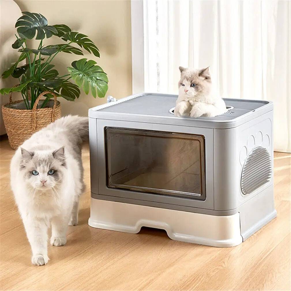 Geschlossene Katzentoilette mit Einstieg vorn und Ausstieg oben für Katzen bis 10 kg – 50 × 38 × 37 cm, faltbar, mit Schublade und Schaufel