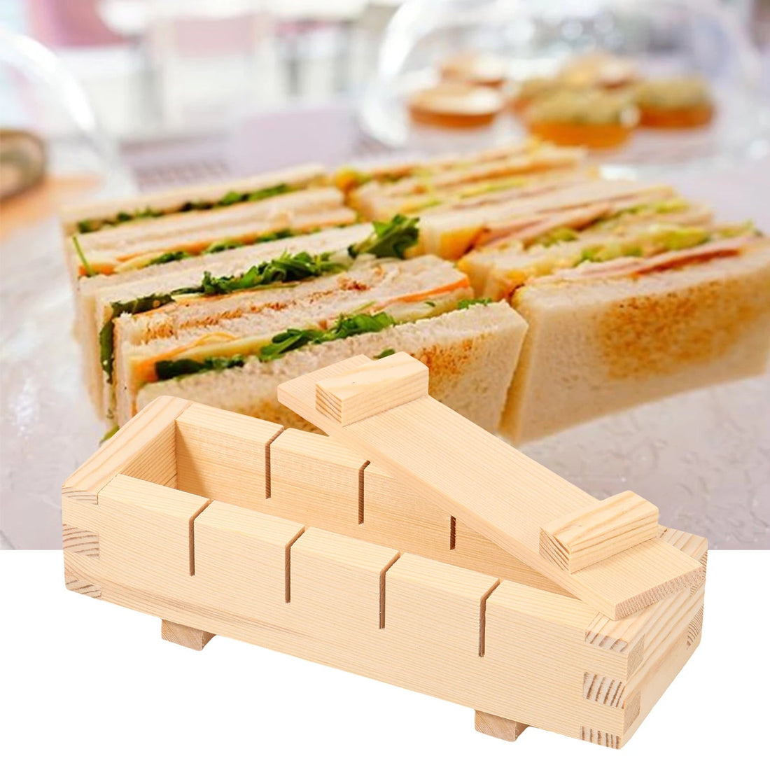 Sushi-Presse aus Holz für gepresstes Sushi für Küche und Sushi-Abende – rechteckige Pressform mit Deckel und Schnittrillen, Naturholz