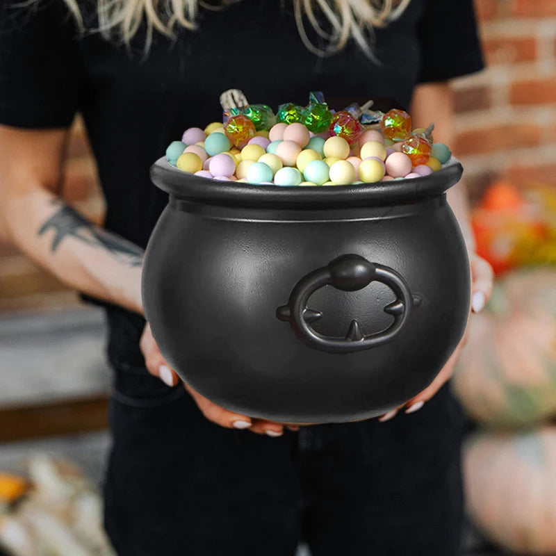 Hexenkessel als Süßigkeitenschale und Aufbewahrungseimer für Halloween-Party und Süßes-oder-Saures – mit Henkel, 19,5 cm, Schwarz