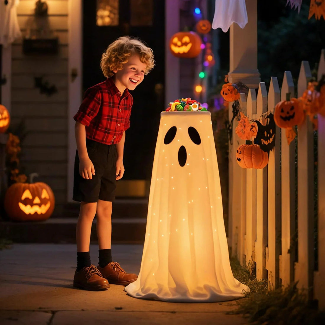Beleuchteter Süßigkeitenständer in Geisterform als Halloween-Deko für Haustür und Party – ca. 100 cm hoch, Schale, leuchtend