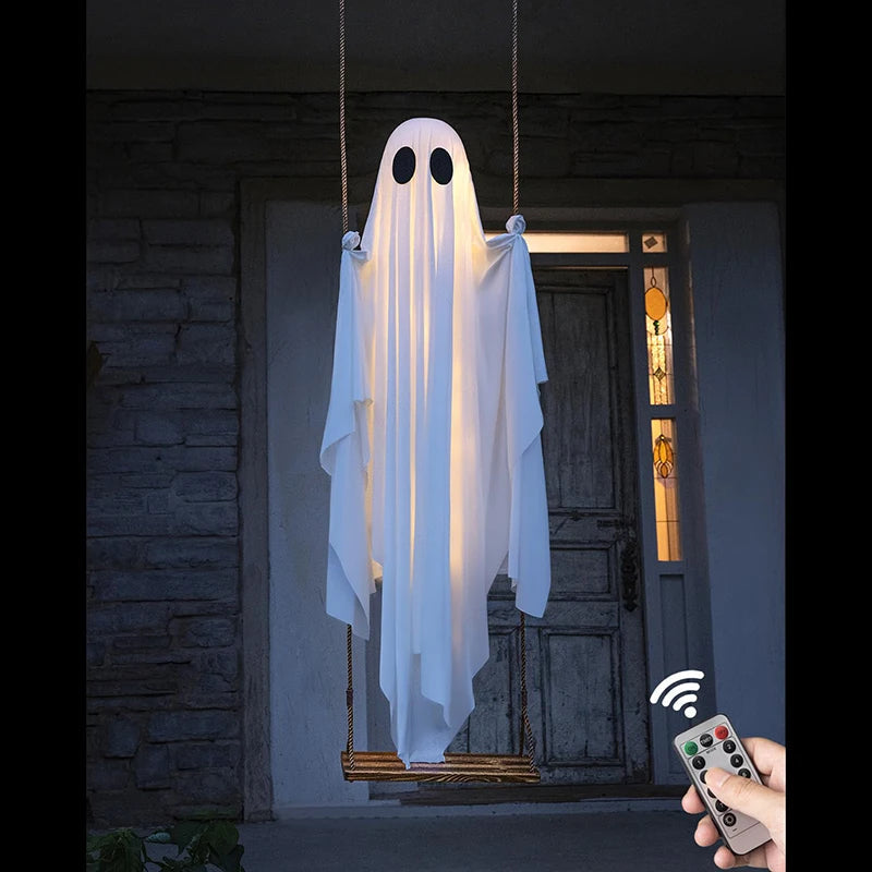 Geist auf Holzschaukel mit LED-Lichterkette als Halloween-Deko zum Aufhängen an Baum und Veranda – ca. 150 cm, 8 Modi, Timer, Fernbedienung