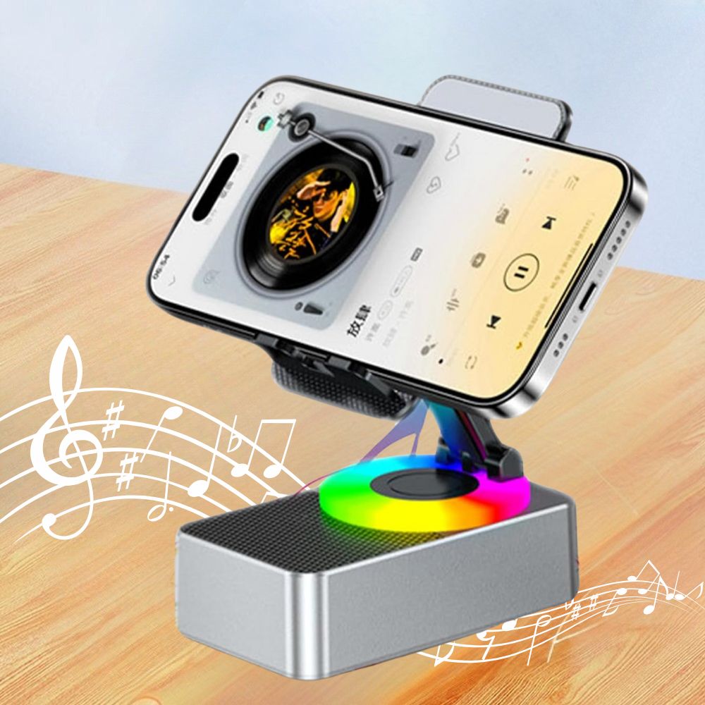 Handy- und Tablet-Halter mit Bluetooth-Lautsprecher und RGB-Leuchtring für Schreibtisch, Nachttisch und Küche – faltbar, neigungsverstellbar, kabellos