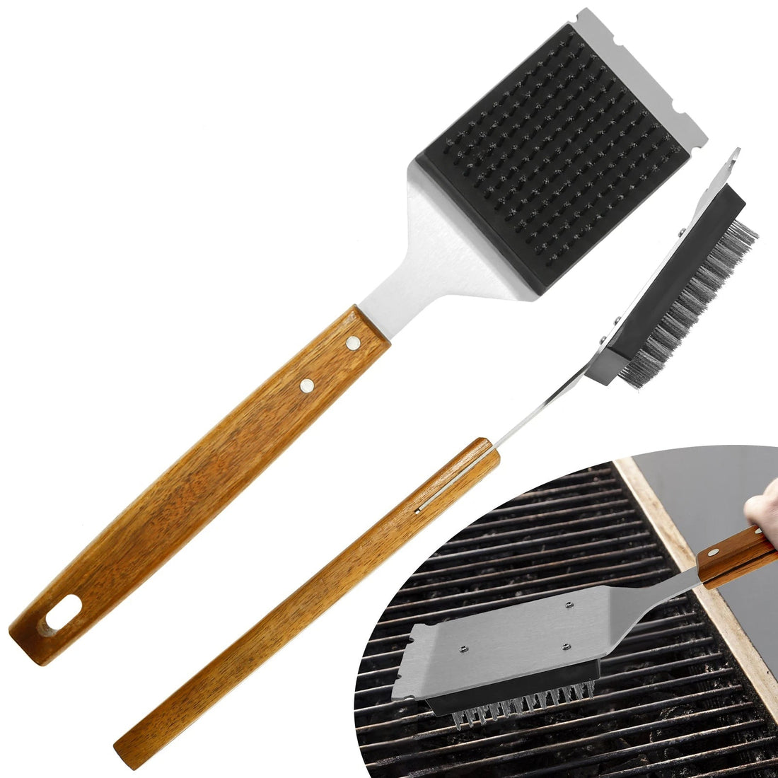 Grillbürste mit langem Holzgriff und Schaberkante für Grillrost und Küche – 2 Stück, je ca. 42 cm lang, Edelstahlborsten, mit Aufhängeloch