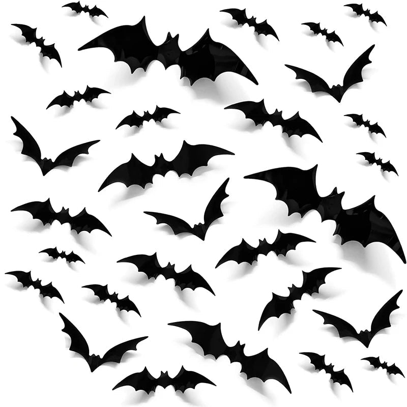 3D-Fledermäuse aus PVC als Halloween-Wandsticker für Wand, Fenster und Tür – 24, 60 oder 120 Stück, verschiedene Größen, Schwarz