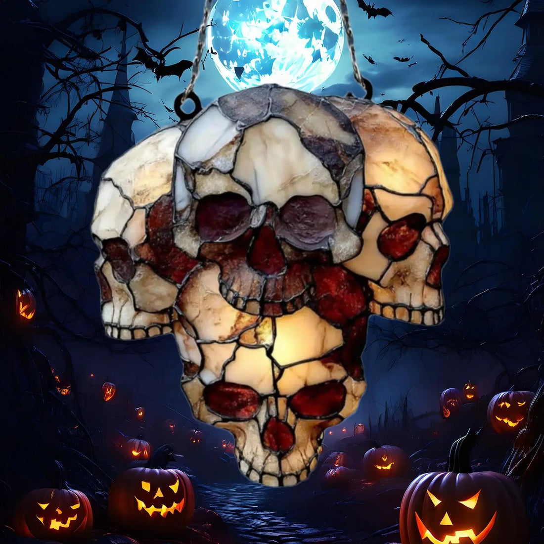 Hängende Totenkopf-Deko aus Acryl und Metall als Lichtfänger für Fenster und Veranda – Halloween, 15 cm, mit Kette, 3 oder 4 Schädel