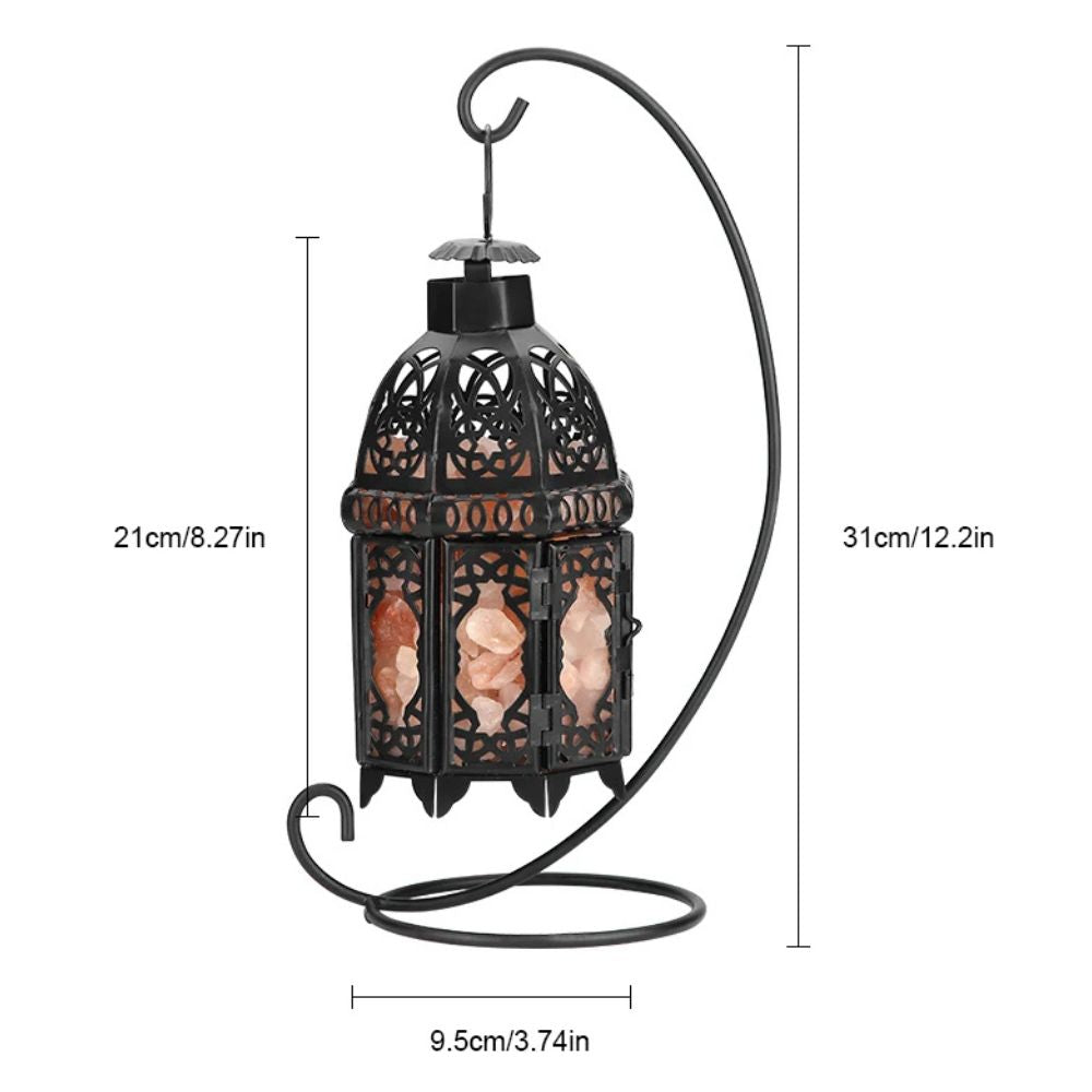 Salzkristall-Laterne mit schwarzem Eisengestell und Hängeständer im orientalischen Stil für Nachttisch, Wohnzimmer und Büro – 31 cm hoch, warmweiß