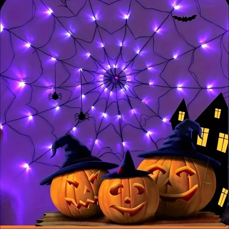 Leuchtendes Spinnennetz mit Spinne als Halloween-Deko für Fenster, Wand und Garten – 70 LEDs, 8 Modi, batteriebetrieben, Lila oder Orange