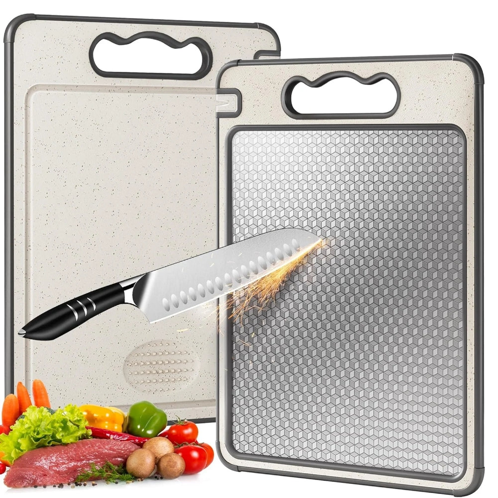 Doppelseitiges Schneidebrett mit Edelstahl- und Kunststoffseite für Fleisch, Obst und Gemüse – Saftrille, Griffloch, Silikonrand, 36,5 × 24,6 cm