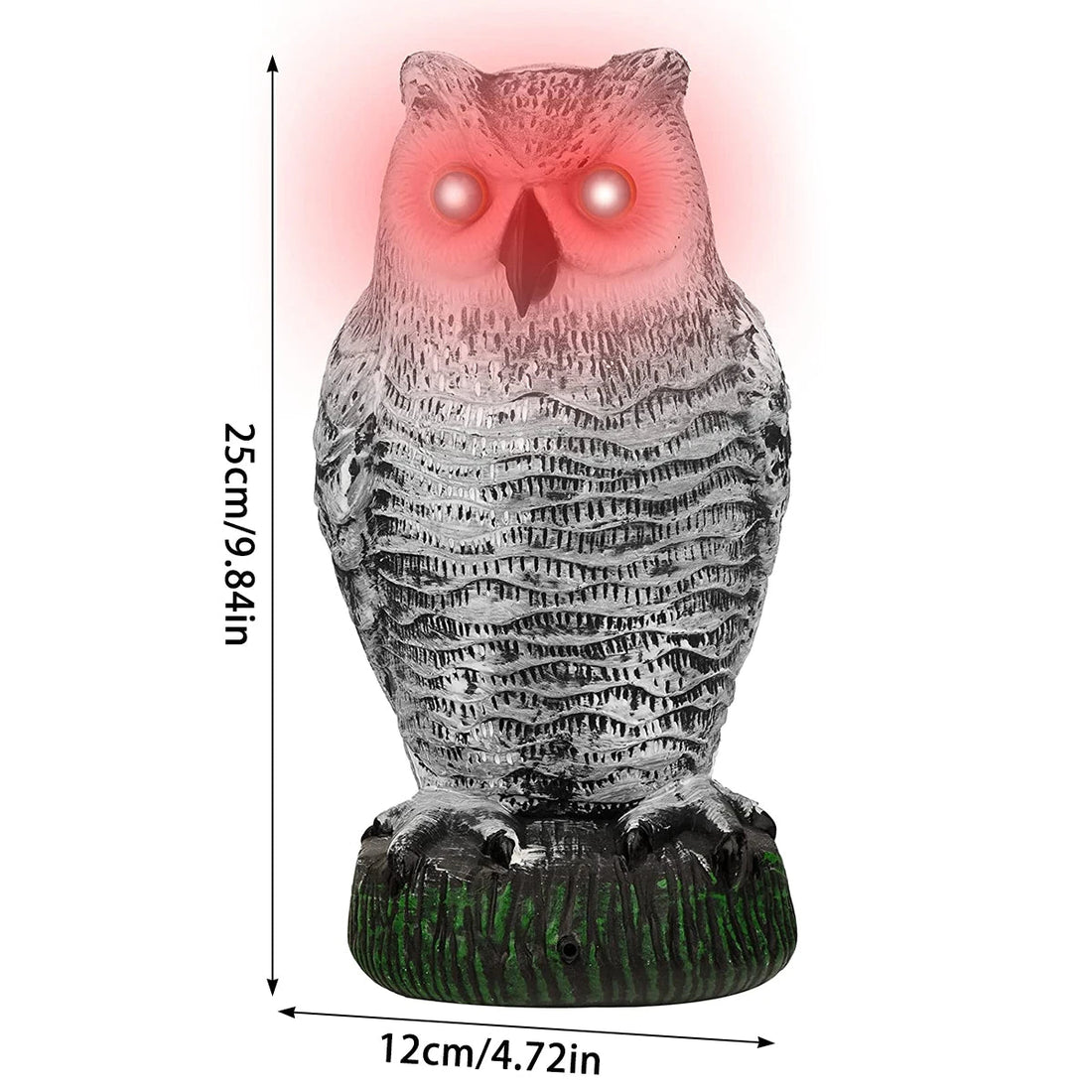 Eulen-Attrappe zur Vogelabwehr aus Kunststoff für Garten, Obstgarten und Terrasse – 25 × 12 × 12 cm, drehender Kopf, Leuchtaugen, Geräusche
