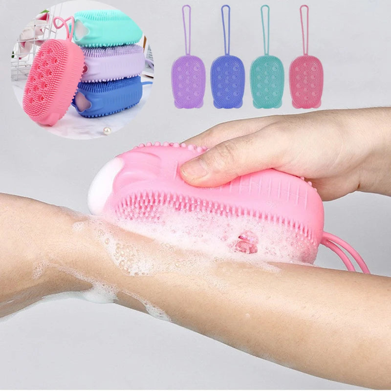 Silikon-Körperbürste mit Seifenspender für Dusche und Bad – beidseitig, weiche Borsten, schnelltrocknend, Aufhängeschlaufe, 4 Farben