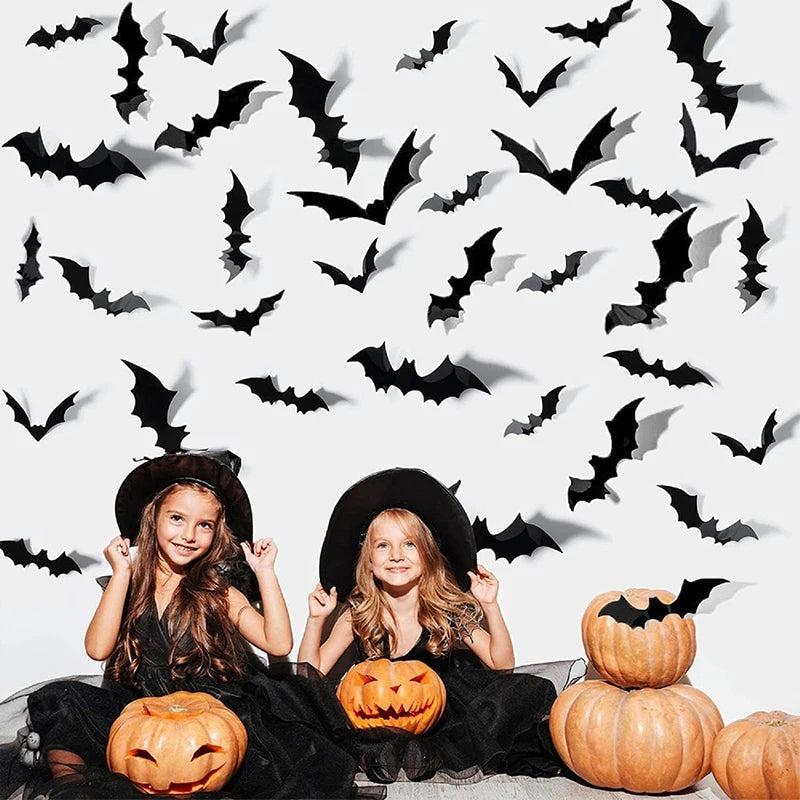 3D-Fledermäuse aus PVC als Halloween-Wandsticker für Wand, Fenster und Tür – 24, 60 oder 120 Stück, verschiedene Größen, Schwarz