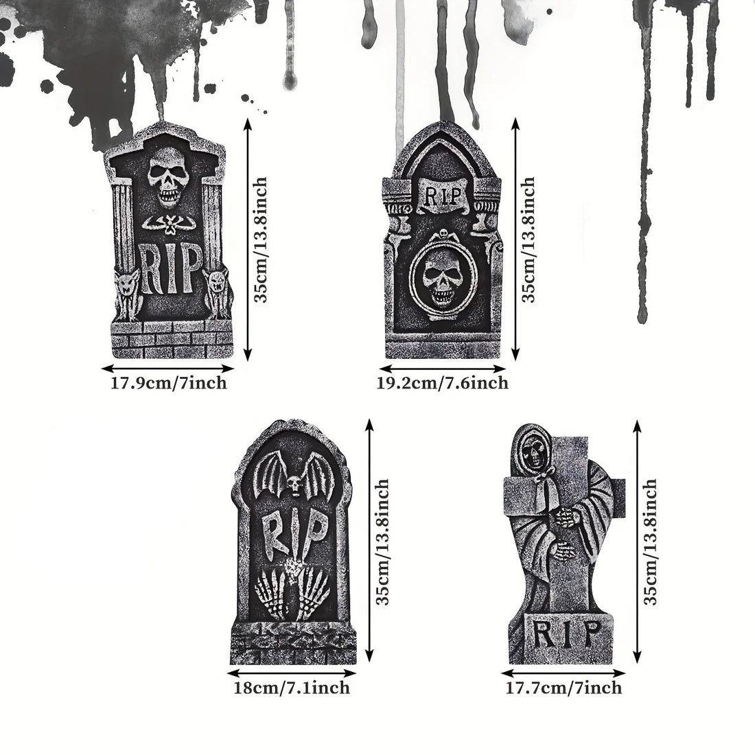 Grabsteine aus Hartschaum als Halloween-Gartendeko für Rasen, Vorgarten und Weg – 4er-Set, je ca. 35 cm hoch, 4 Designs, mit Erdspießen