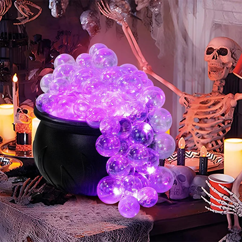 Blubbernder Hexenkessel aus Kunststoff zum Selbstgestalten für Halloween-Tisch und Party – Lichterkette, Fernbedienung, 40 Kugeln, Watte