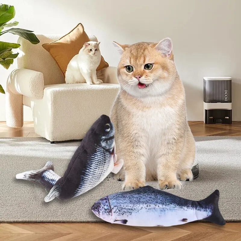 Zappelnder Plüschfisch als Katzenspielzeug mit USB-Akku zum Jagen und Spielen – Karpfen oder Lachs, ca. 27–28 cm, Baumwolle und Plüsch