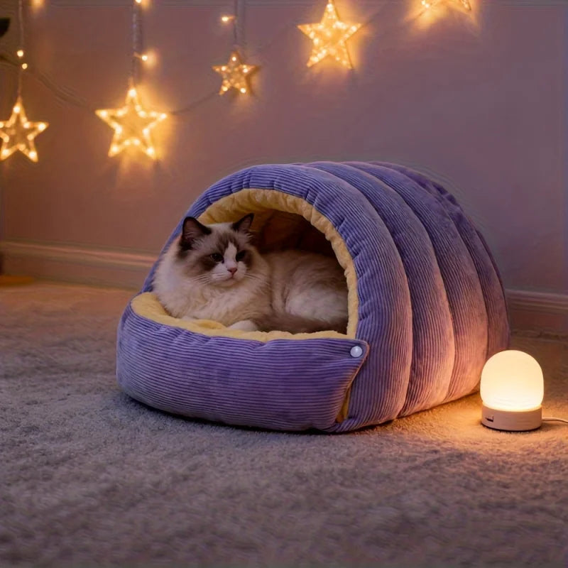 Kuschelhöhle für Katzen aus warmem Fleece für Wohnzimmer und Schlafplatz – geschützte Rückzugshöhle, Größe S oder L, Lila oder Beige