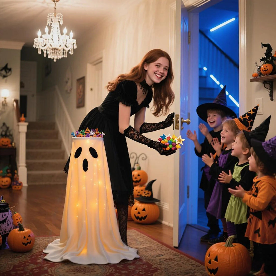 Beleuchteter Süßigkeitenständer in Geisterform als Halloween-Deko für Haustür und Party – ca. 100 cm hoch, Schale, leuchtend