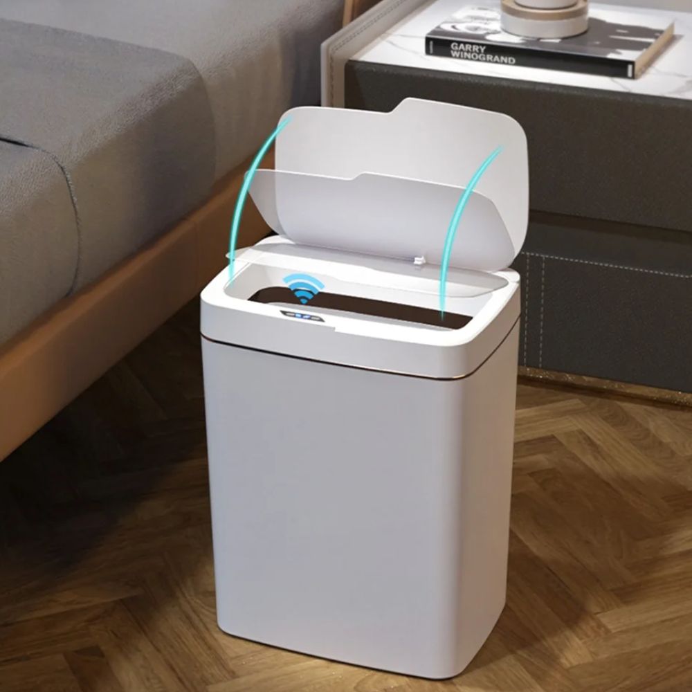Sensor-Mülleimer mit automatischem Deckel für Küche, Bad und Büro – berührungslos per Infrarot, ca. 15 l, schmal, IPX5, Weiß