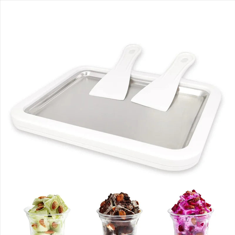 Kälteplatte ohne Strom für gerollte Eiscreme und kalte Desserts – ca. 26 × 21 × 3,5 cm, zum Vorfrieren, mit 2 Spachteln, auch zum Kühlen von Obst