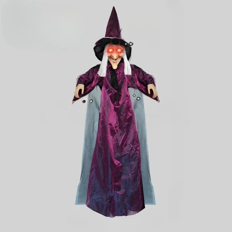 Lebensgroße animierte Hexe aus Latex und Stoff als Halloween-Figur für Eingang und Party – 178 cm, rote Leuchtaugen, Bewegungssensor